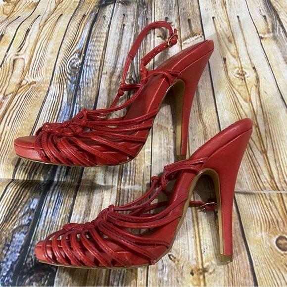 Colin Stuart Red Leather 5” Stiletto Peep Toe Heels Size 6 B - Picture 4 of 5